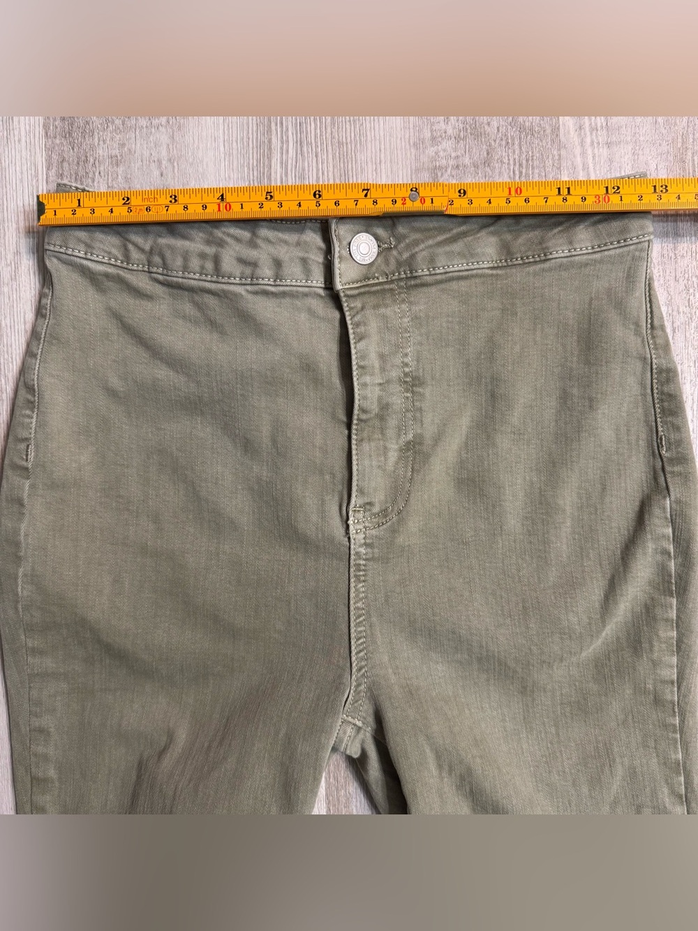 We The Free “Just Float On” High Rise Ultra Flare Olive Green Jeans Size 28 - Picture 7 of 12